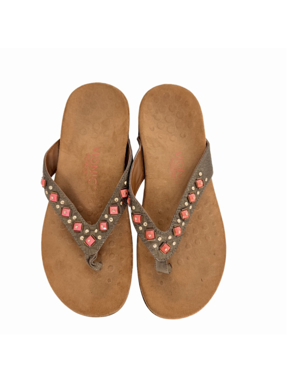 Vionic Floriana Thong Sandals Women's 8 Bronze Croc Coral Embellished Flip Flops